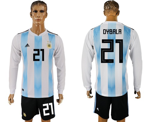 Argentina #21 Dybala Home Long Sleeves Soccer Country Jersey